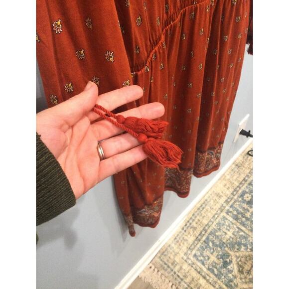 Garnet Hill Drop Waist Dress Size Medium Orange Red Floral Organic Cotton Boho - Picture 5 of 10